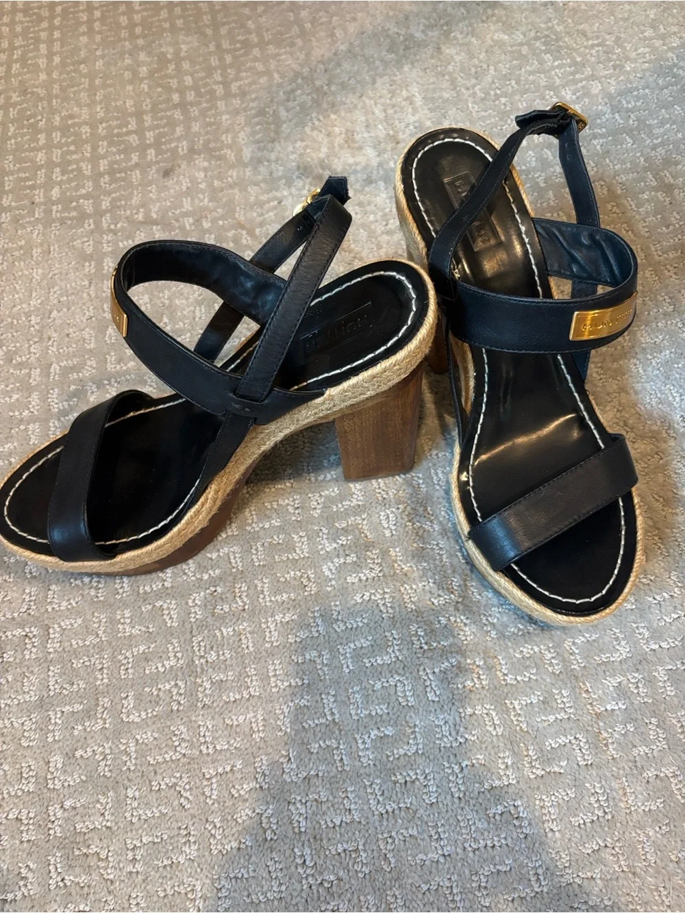 HUNTER Gonave Leather and Wood Block Heel Platform Espadrille Sandals, 9 GUC